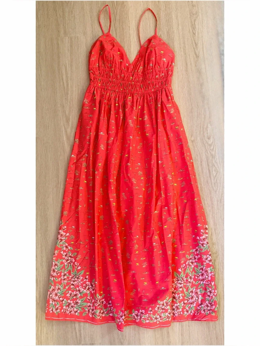 🆕 NWT J.Crew Smocked-waist V-neck dress in map print, California Poppy size 6